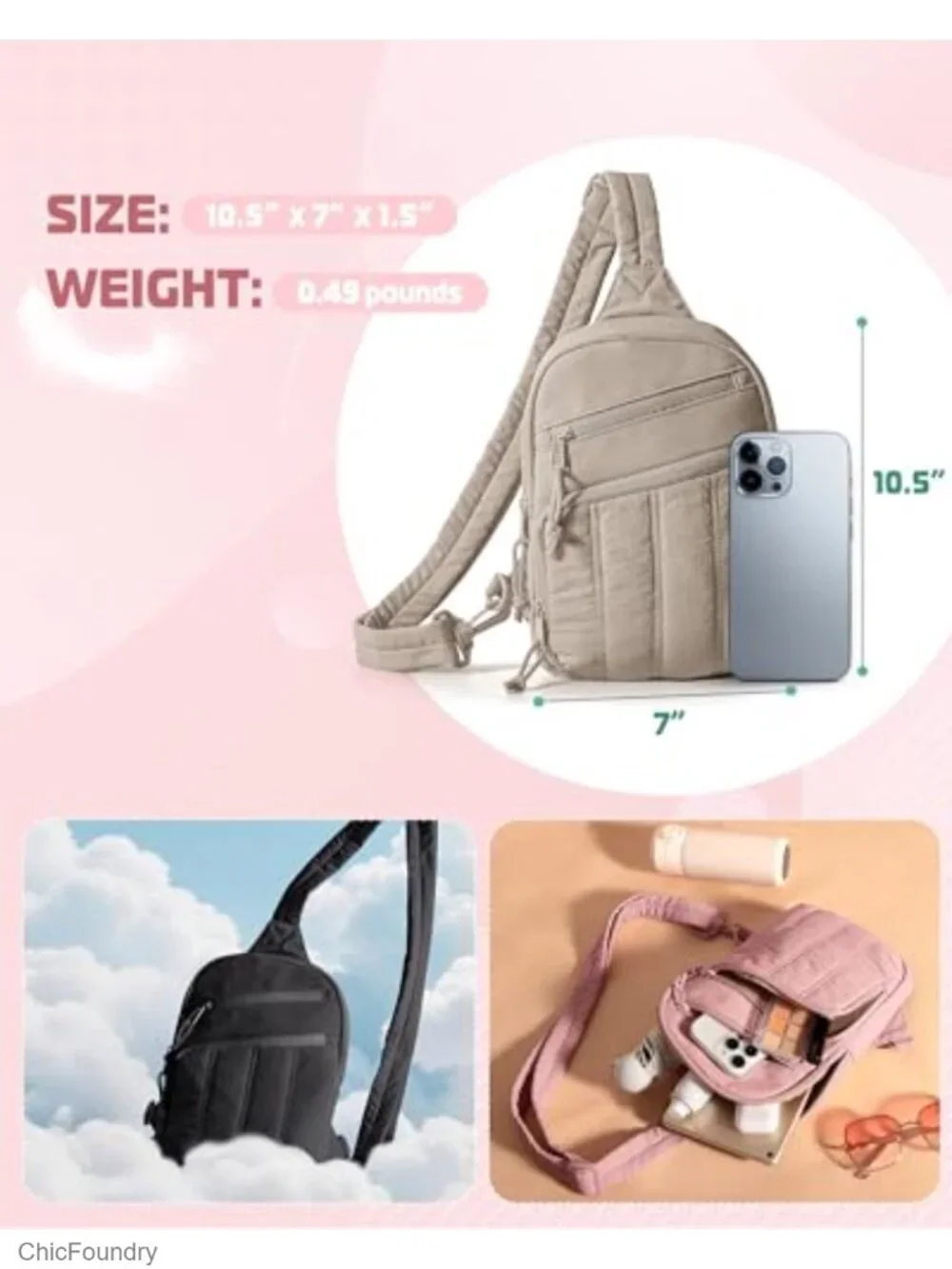 Puffer Sling Bag with RFID Blocking Pocket and Hidden Water Bottle Holder,